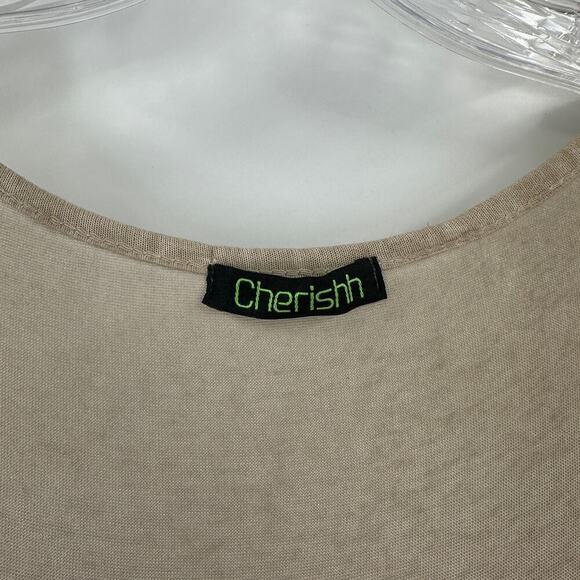 Cherishh Tan Scoop Neck Roll Tab Sleeve Lace Trim Boho Shift Dress Size Medium - Picture 5 of 9